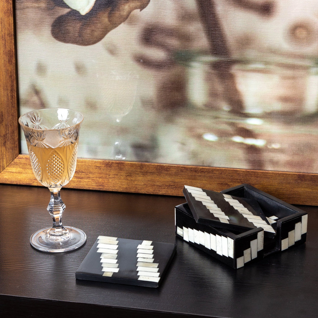 MONOCHROME - WOOD INLAY BLACK IVORY COASTER SET OF 4