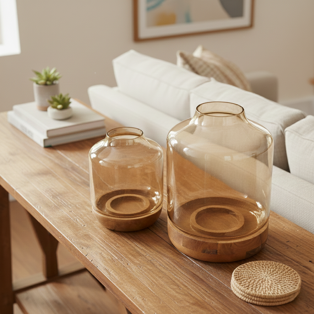 Halo Hurricanes – Set of Two Glass & Wood Candle Holders