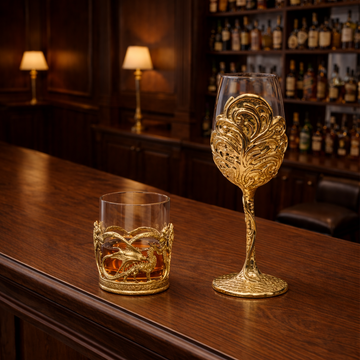 Viserion Whiskey Glass & Gold Leaf handmande Wine Glass
