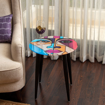 CLEO/MONA - GLASS WOODEN FACE PAINTED ACCENT TABLE