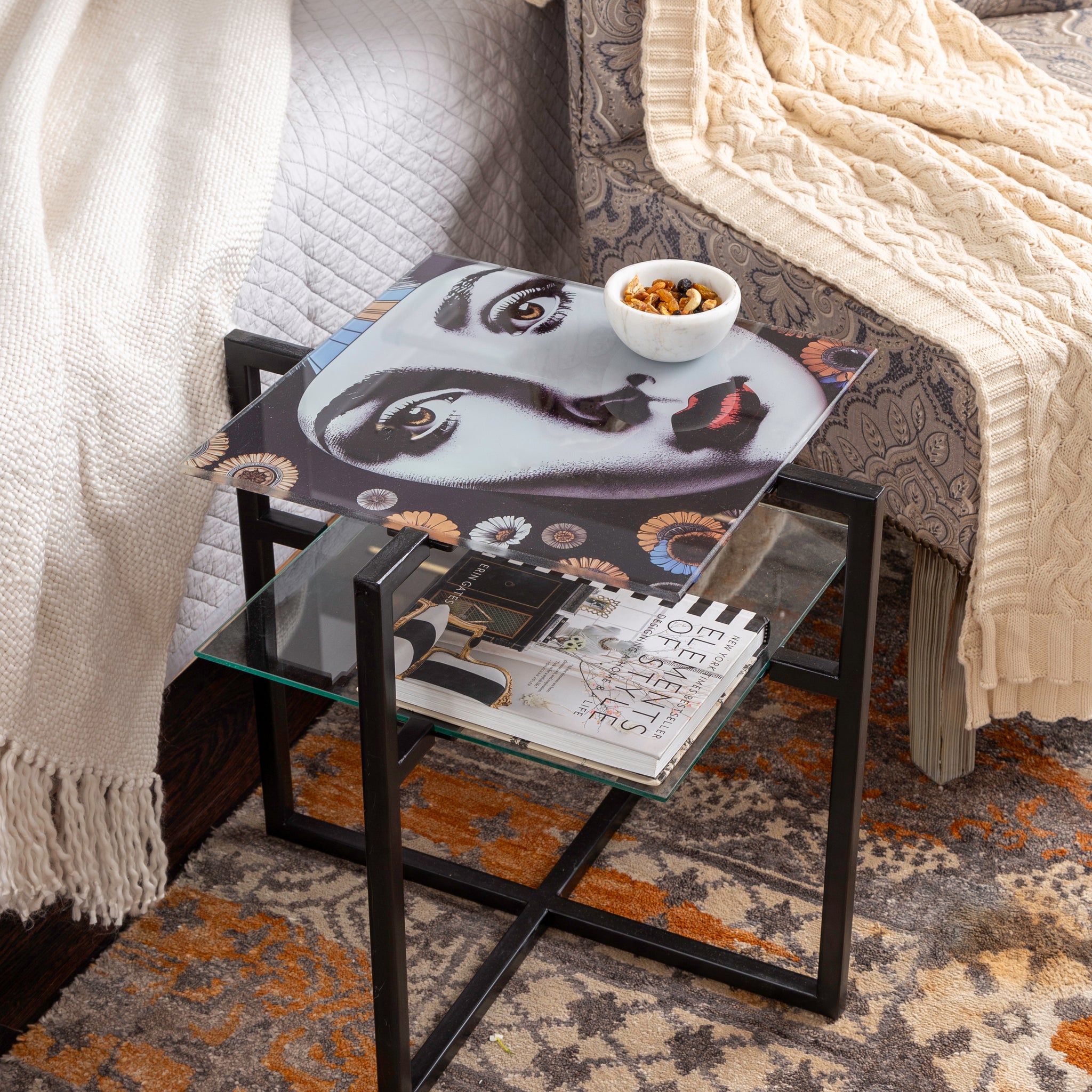 MONROE 2 - GLASS & METAL FACE PAINTED 2 LAYER ACCENT TABLE