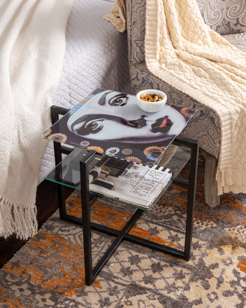 MONROE 2 - GLASS & METAL FACE PAINTED 2 LAYER ACCENT TABLE