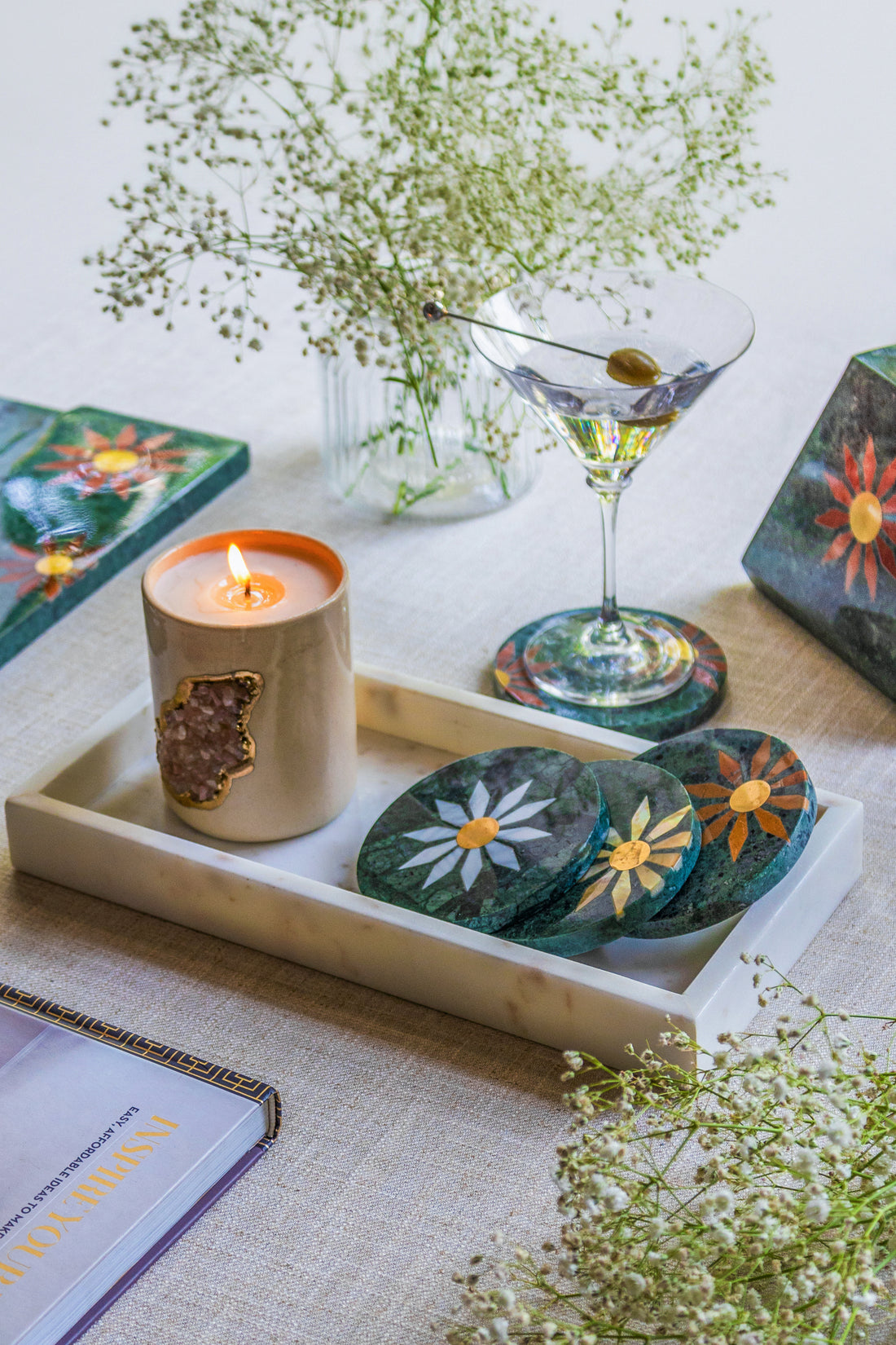 GREEN MAGNOLIA - MARBLE COASTER SET