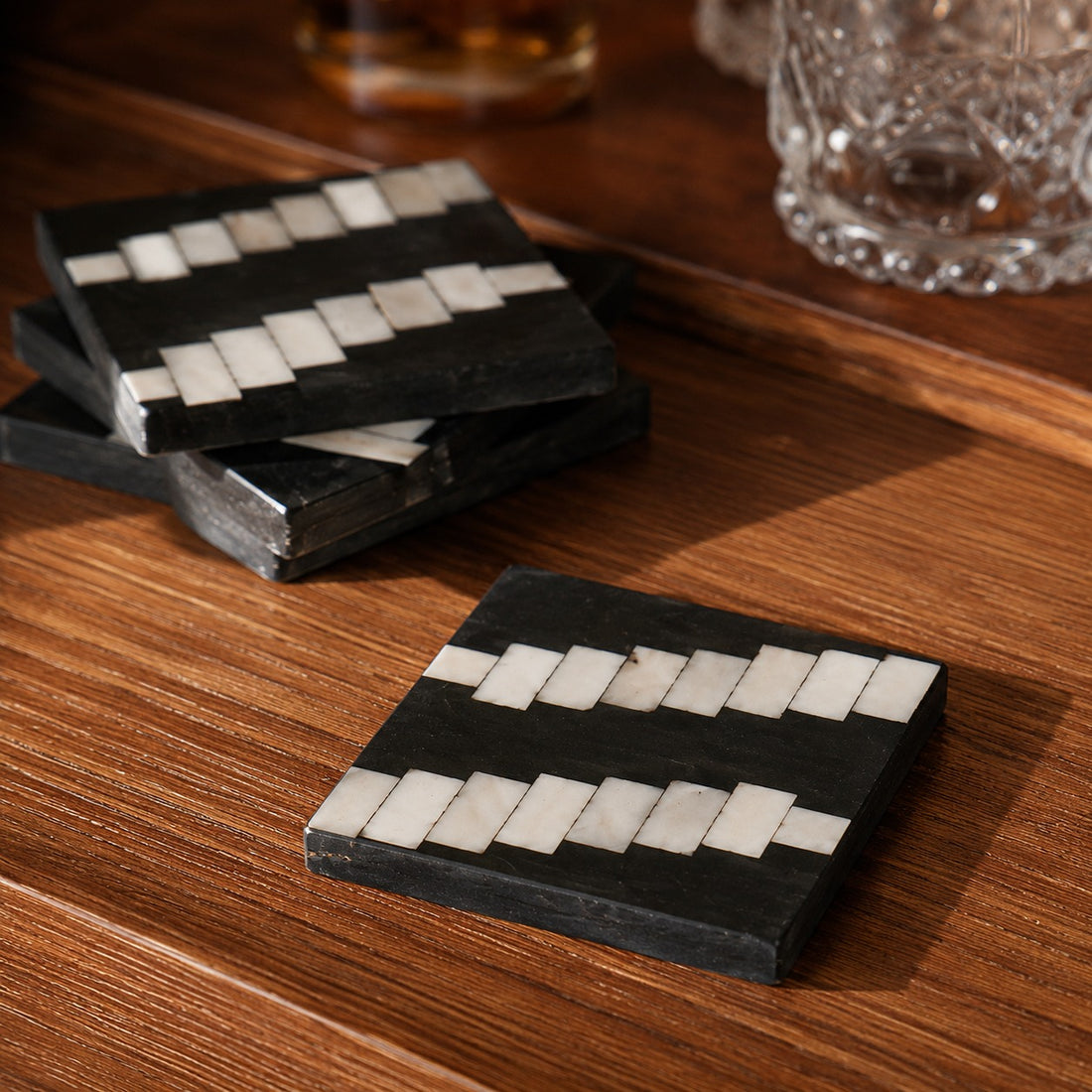 MONOCHROME - WOOD INLAY BLACK IVORY COASTER SET OF 4