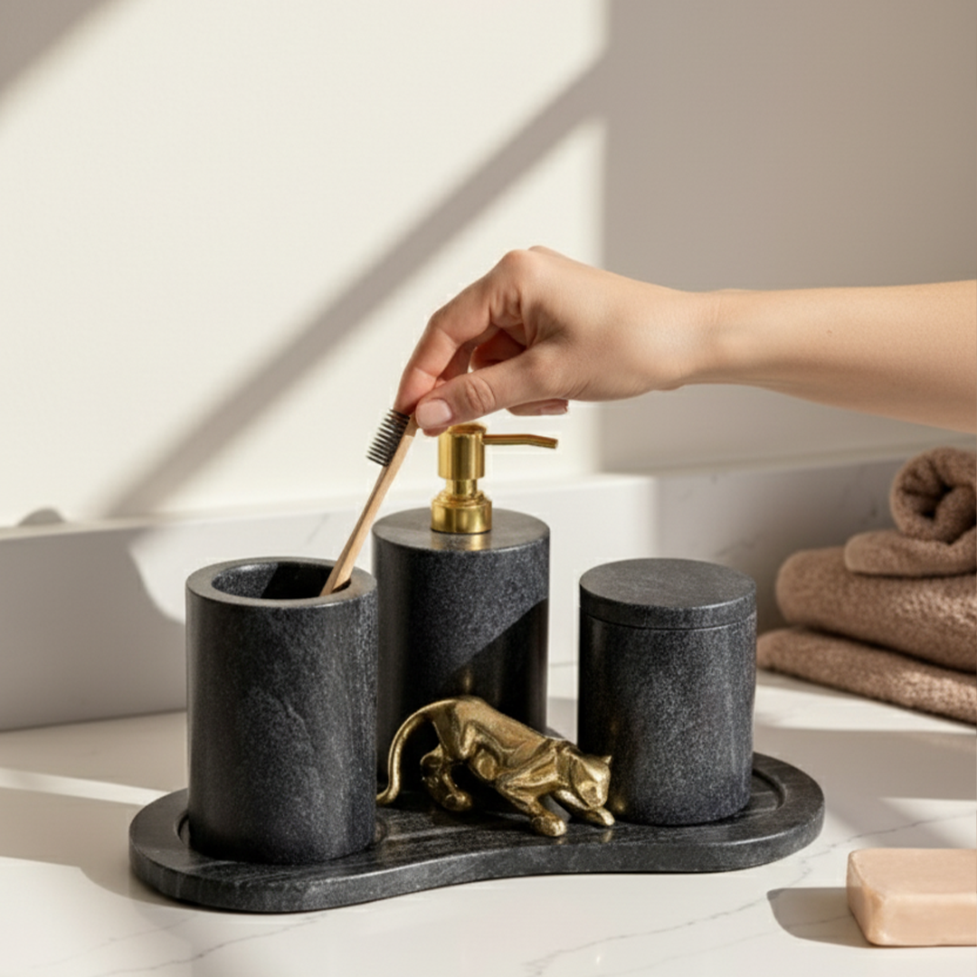 Handmade Feral Luxe - Black Bathroom Set with Leopard