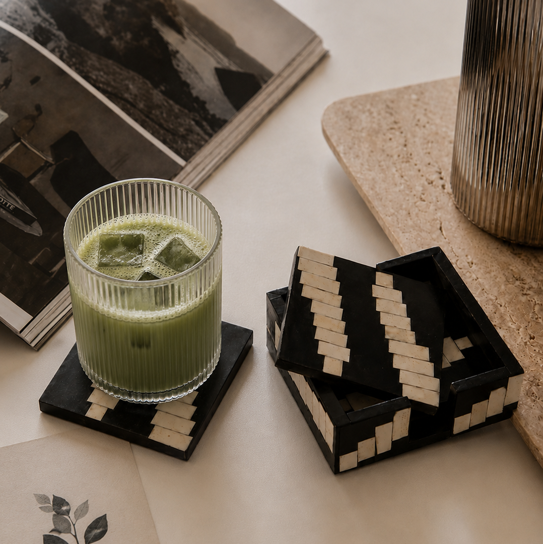 MONOCHROME - WOOD INLAY BLACK IVORY COASTER SET OF 4