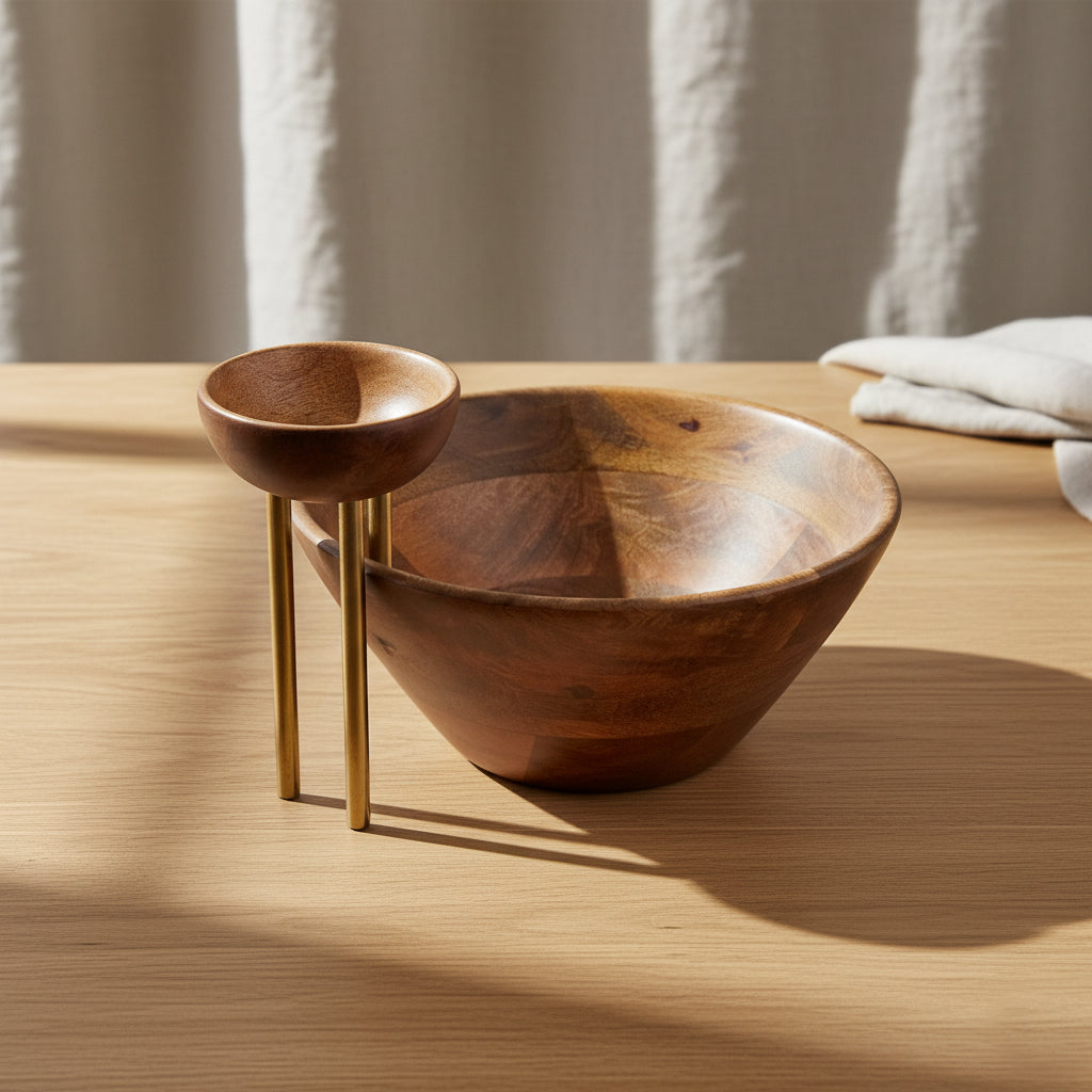 WOODLAND - NATURAL WOOD SERVING BOWL WITH DIP BOWL